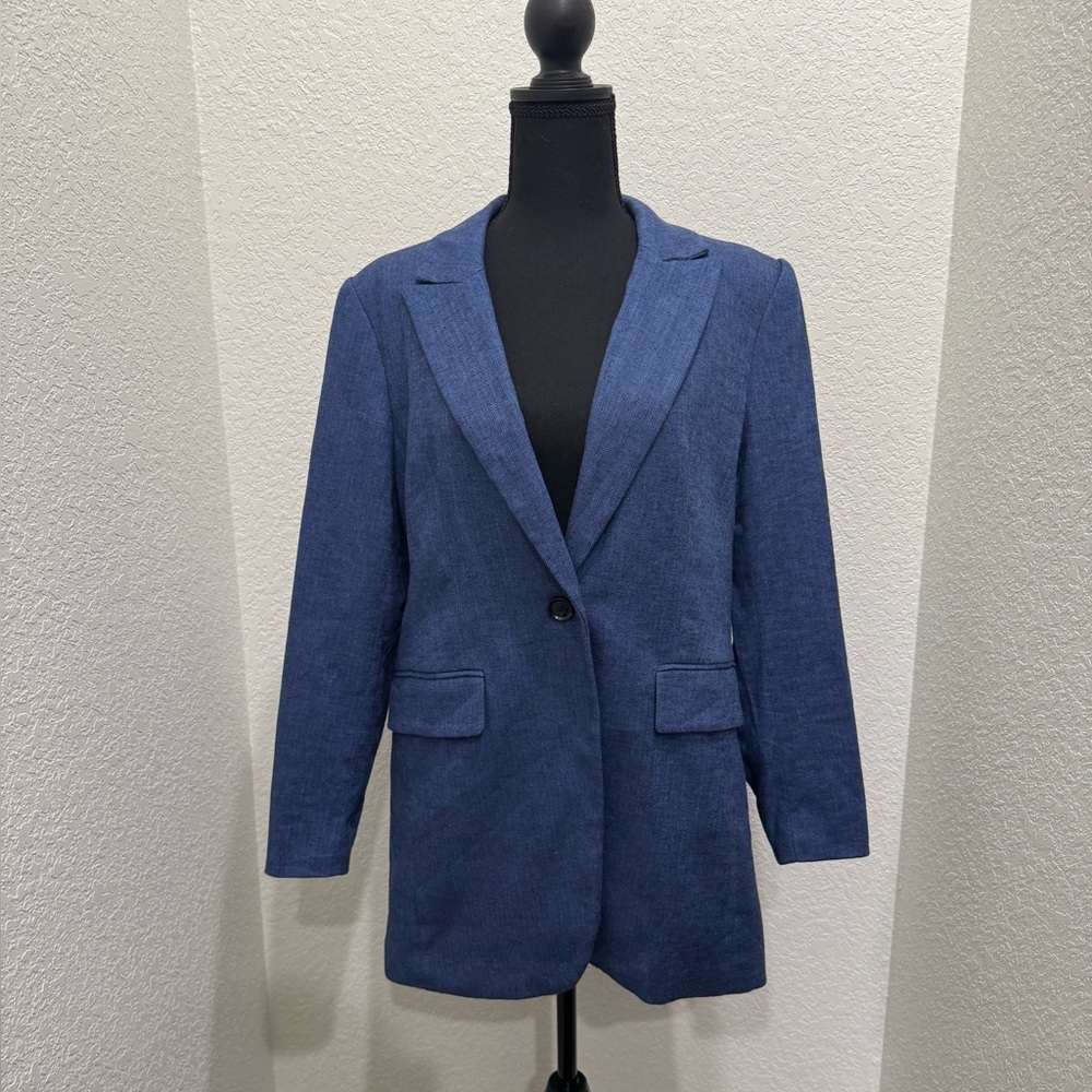 NWT ~ BANANA REPUBLIC Petite Blue Linen Single-Button Blazer
